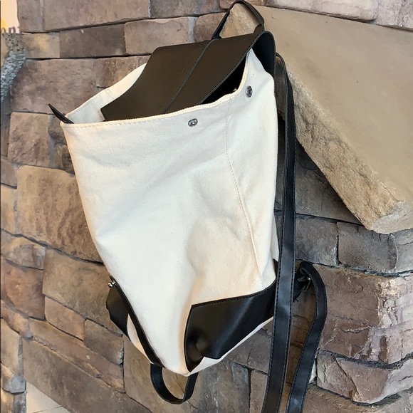 DEUX LUX |Cream Canvas Black Faux Leather Backpack Eco-Friendly Vegan Bag Unisex - Picture 7 of 10